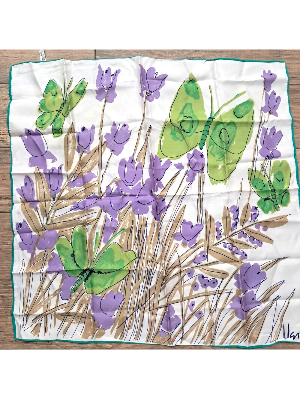 Scarves By Vera Butterfly floral flowers Iris Green purple white Japan Vintage